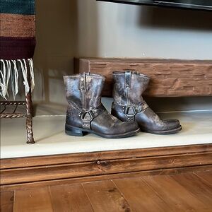 Leather Frye 12M Boots - Brown Distressed Harness Motorcycle Western Boot